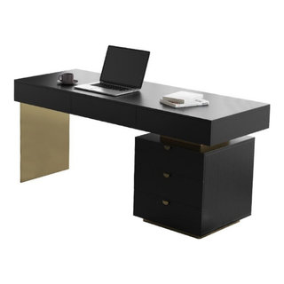 47.2 Rustic Wooden Natural & Black Office Desk with Drawers & Metal Legs, Homary