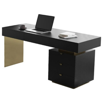 63" Black Office Computer Desk with Storage 6 Drawer Gold Leg