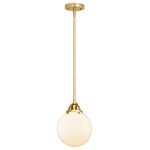 Innovations Lighting - Beacon Mini Pendant, Satin Gold, Matte White, Matte White - The Nouveau 2 is a highly detailed work of art that draws the eyes into its base and arm detail. The true show stopping piece is the beautifully curved glass shade that's sure to wow you and guests alike.