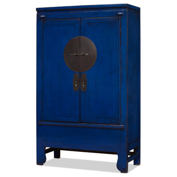 Distressed Elmwood Chinese Ming Wedding Armoire, Navy Blue