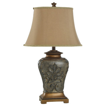 Magonia Table Lamp-Brown/Antique Gold Finish-Taupe Tapered Oval Softback