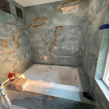 Bathroom Remodel; Huge Blue Tiles; Luxury shower and tub