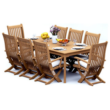 9-Piece Outdoor Teak Dining Set: 83" Rectangle Table,8 Warwick Folding Arm Chair