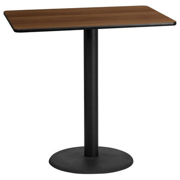 30"X48" Rectangular Walnut Table Top With 24" Round Bar Height Table Base
