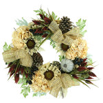 Creative Displays - 24" Fall Wreath with Sunflowers and Hydrangeas - Bring the warmth and beauty of the outdoors inside your home or office with this stunning 24" Fall Wreath with Sunflowers and Hydrangeas! Handcrafted with high-quality and durable materials, this wreath is sure to make a noticeable statement in whatever space it is placed. With beautiful faux blue-green leaves, burgundy thistle, and cream hydrangeas, this wreath has a truly timeless and charming look. You no longer have to worry about watering or maintenance either - this is the perfect addition to your decor for this season. bring a bit of the outdoors into your home!