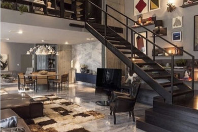 Geräumiges, Repräsentatives Modernes Wohnzimmer im Loft-Stil mit grauer Wandfarbe, Porzellan-Bodenfliesen und grauem Boden in Toronto