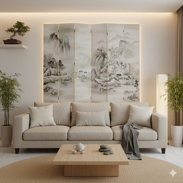 Off White Base Oriental Mountain Trees Scenery Theme Graphic Screen cs5985