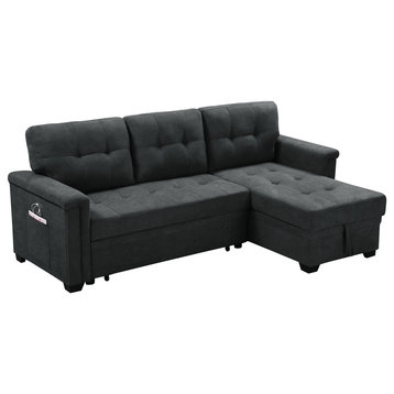 Ashlyn Woven Fabric Sleeper Sectional Sofa Chaise With USB Charger, Dark Gray