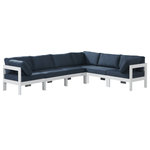 Meridian Furniture - Nizuc Water Resistant Patio L-Shaped Modular Sectional, Navy, 6-Piece: 3 Armless Chair, 3 Corner Chair, White Aluminum Frame - Pick and choose your favorites from the Nizuc collection to create a modular seating group the whole gang will enjoy. The sturdy aluminum frame provides dependable support for friends and family as they relax and unwind, and the resilient navy water resistant fabric stands up to the elements without losing its beautiful demeanor, so you can count on it lasting for the long haul. Latches beneath these seating pieces help you easily attach them to one another for convenient setup.