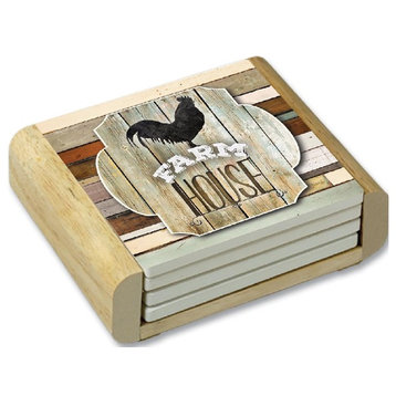 Stone Coasters Wood Holder Farmhouse Rooster Set of 4