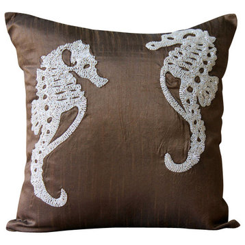 Beaded Sea Horse Brown Shams, Art Silk 24"x24" Pillow Sham, Ivory Sea Horse