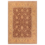 Bareens Designer Rugs - Classic Ziegler Allyson Brown Gold Hand-Knotted Wool Rug - 7'10'' x 10'1'' - Enhance the ambiance of your home with this magnificent Persian-influenced Turkish hand-knotted rug made by skilled artisans capable of creating the most exceptional vegetable dyes and hand-spun wool. This exquisite handmade rug is a one-of-a-kind Peshawar Kafkaz, otherwise identified as Chobi, Chobi Peshawar, Oushak, or Ziegler rug. These handmade rugs are crafted in Pakistan utilizing superior-quality wool imported from Australia, New Zealand, and Korea in two types of weaves: the Persian weave and the Mori weave. This rug is meticulously crafted by hand using the finest natural vegetable dyes extracted from local plants. The artisans use a blend of hand-spun local and fine merino wool, resulting in a rug with a compelling texture, higher lanolin content, and longer staple. The artisans occasionally incorporate natural or artificial silk into the pile to enhance specific motifs. The finished product is an awe-inspiring execution of flawless design and an understated palette that exudes elegance.