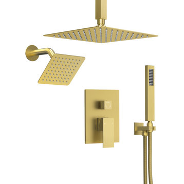 Dual Heads 3-Functions Shower System with Pressure Balancing Rough-In Valve, Brushed Gold, 10" X 6"