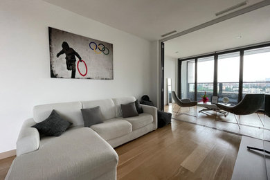 Ispirazione per un soggiorno moderno con pareti bianche e parquet chiaro
