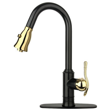 Pull Down Kitchen Faucet and Deck Plate, Two-Tone Matte Black and Gold