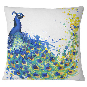 Exotic Peacock Watercolor Contemporary Animal Throw Pillow, 18"x18"
