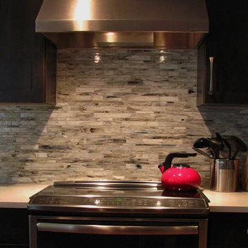 Dark, White and Red-Transitional kitchen and fireplace