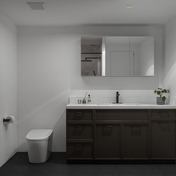 Large-Format Marble Shower & Dark Vanity Bathroom