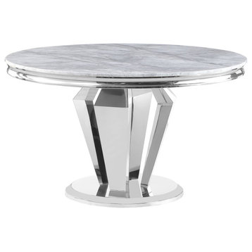 Chihiro Grey Stone Round Dining Table With Pedestal Base, Silver