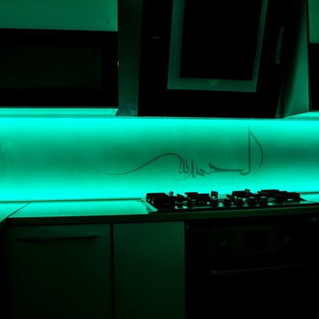 "LED & STENCIL" bespoke artwork illuminated glass kitchen splashback