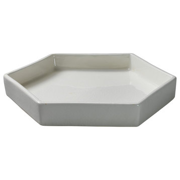 Outdoor Indoor Ceramic Hexagon Tray Gloss White Crackled 15" Honeycomb