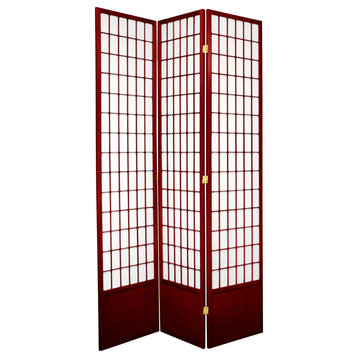 Tall Room Divider, Translucent Rice Paper With Grid Accents, Red/3 Panels