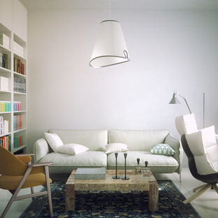 Design ideas for a medium sized modern study in New York with white walls, ceramic flooring and a freestanding desk.