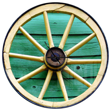Antique Wagon Wheel On Turquoise Wood Farmhouse Clock, 36x36