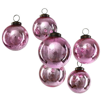 Set of 6 Antique Rose Pink Glass Ball Ornament in Window Box, 4"x3"