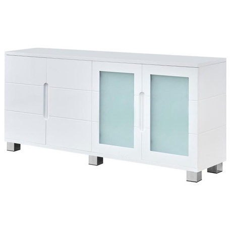 High Gloss White 4 Door Wood Cabinet Server with Frosted Glass Doors