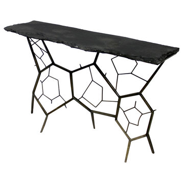 Orlando Collins Console Table With Live Edge Stone Top On Iron Base