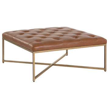 Endall Square Leather Coffee Table/Ottoman, Antique Brass, Camel