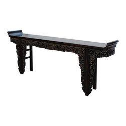 Chinese Vintage Dark Brown Dragon Carving Long Altar Console Table - Console Tables