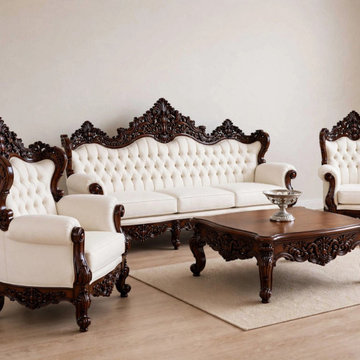 Luxury Solid Wood Tufted Sofa Set | Ornate French Louis XV Living Room Furniture