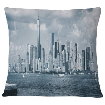 Lower Manhattan Panorama Black White Cityscape Throw Pillow, 16"x16"