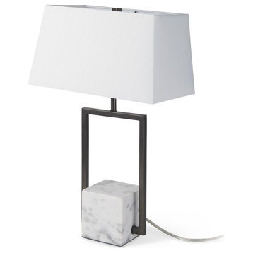 Peyton Black Metal With Marble Cube & White Shade Table Lamp