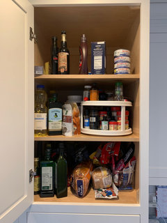 Fixed the too deep pantry shelf issue. Just cut the shelves in a U. So much  better!