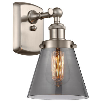 Small Cone 1-Light Sconce, Brushed Satin Nickel, Plated Smoke