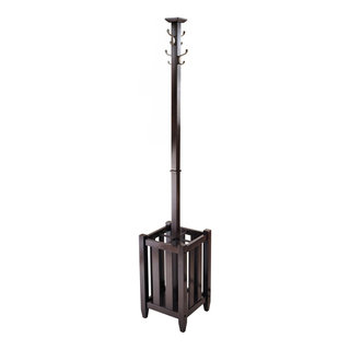 Minerva Freestanding Entryway Coat & Hat Rack with Umbrella Holder, Black Metal with Wooden Tips