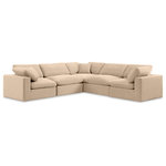 Meridian Furniture - Comfy Upholstered L-Shaped Modular Sectional, Beige, 5-Piece: 2 Armless Chair, 3 Corner Chair, Velvet - Give your space a whole new look with this beige Comfy velvet sectional. This handsome sectional fits nicely with other items in the Comfy collection and is a versatile seating option designed for adaptability, comfort and style. Wrapped in rich beige durable velvet upholstery, this sectional offers a plush embrace of overstuffed down feather cushions, carefully crafted to deliver the highest level of comfort. The perfect seat for creating an oasis for relaxation, this sectional has thick foam surrounding its frame for added support and coziness.