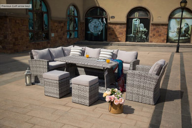Danbury Outdoor Rattan Sectional With Ottomans and Dining Table