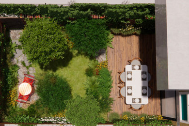 Imagen de jardín moderno de tamaño medio en patio trasero con jardín francés, exposición total al sol y adoquines de piedra natural