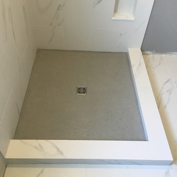 MASTER BATHROOM - Porcelain White Marble Tile, Gray Hexagon Shower Floor