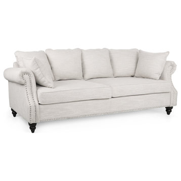 Contemporary Sofa, Pillowed Back & Unique Rolled Arms With Nailhead, Beige