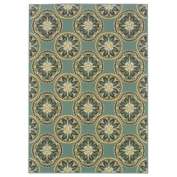 Malibu Indoor and Outdoor Floral Blue and Ivory Rug, 3'7"x5'6"
