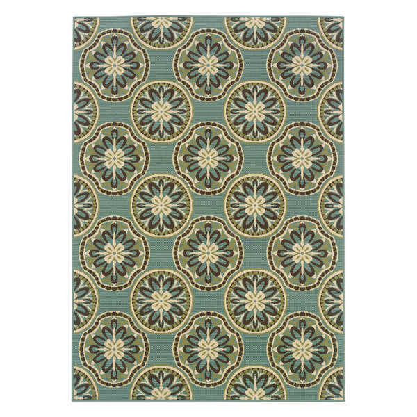 Malibu Indoor and Outdoor Floral Blue and Ivory Rug, 7'10