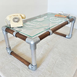graffiti-etched glass, scaffold & smoked oak coffee table - Coffee Tables