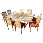Windsor Teak Furniture - Teak Extra Wide 75x51 Rectangle Extension Table, 8-Chairs - Buckingham Dining Height Extra WIDE 75" x 51" Rectangular Double Leaf Extension Table w 8 Casa Blanca Stacking Armless chairs..made with solid Grade A Teak will surely become a family heirloom. The Buckingham 75" x 51"comes with two 12" leafs and is 51" Square when closed , 63" long with one leaf open, and 75" long with both leafs opened and seats 8 people. The unique built-in butterfly pop-up leaf enables you to open or close your table in 15 seconds. The stacking chairs have contoured seats and are very comfortable. Comes with plug covered umbrella hole. Some Assembly on table only.  (Cushions Not Included)