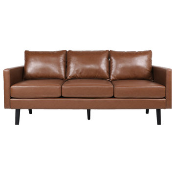 Dowd Mid Century Modern Faux Leather 3 Seater Sofa, Cognac Brown/Dark Brown