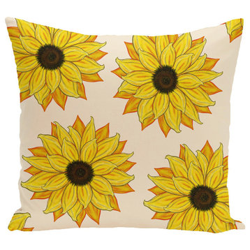 Sunflower Power Flower Print Pillow, Yellow, 16"x16"